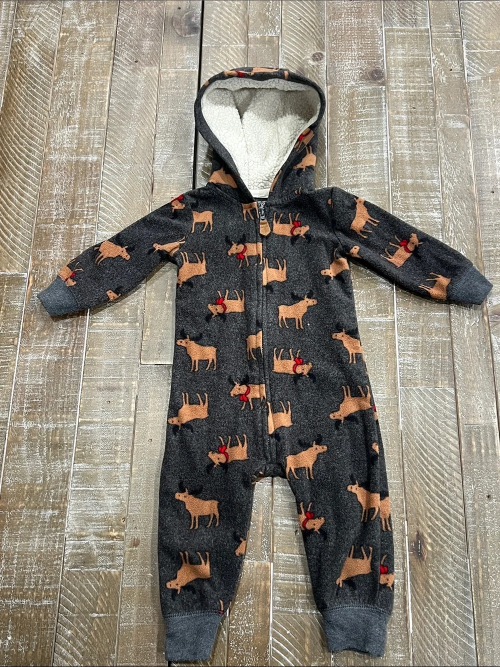 Cozy Charcoal Moose Hooded One-Piece Bodysuit